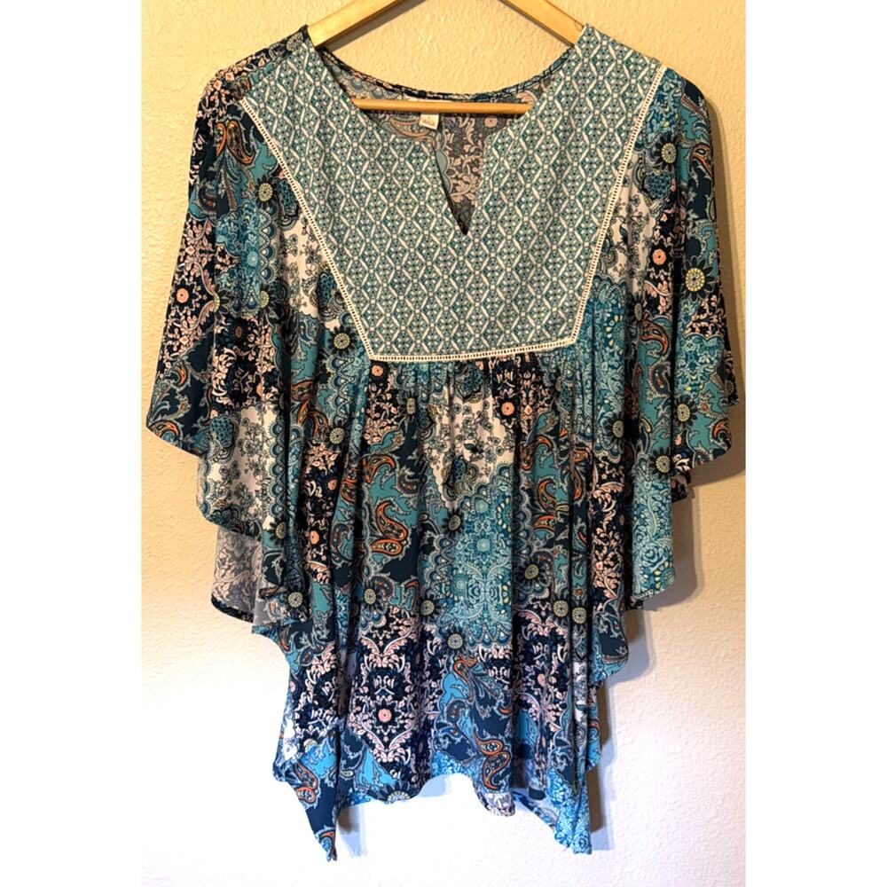 Cato Est 1946 Blue White Floral Paisley Flowy Top Blouse Womens L Boho Hippy
